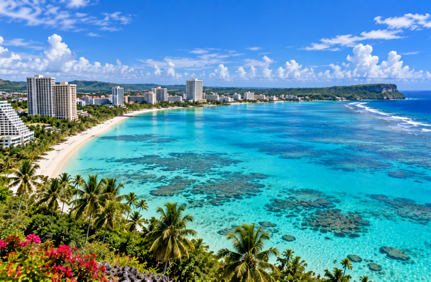 Panoramic view of Guam's tropical coastline with turquoise reef waters, a white-sand beach, hotels, and lush green hills.