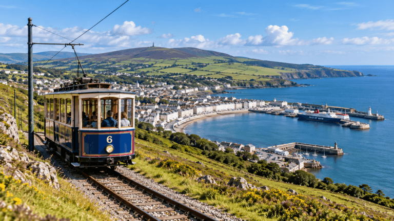 Heritage electric railway crossing a green hillside above a coastal town, harbor, and blue sea on the Isle of Man.