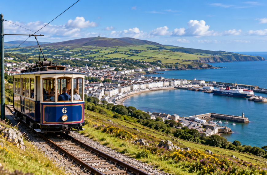 Heritage electric railway crossing a green hillside above a coastal town, harbor, and blue sea on the Isle of Man.