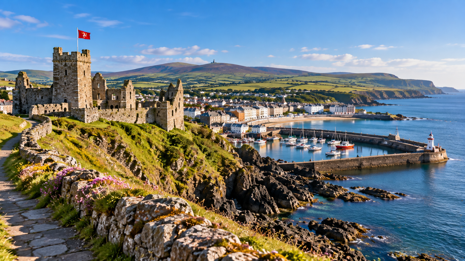 Stone castle overlooking a coastal harbor, rocky shoreline, green hills, and blue sea on the Isle of Man.