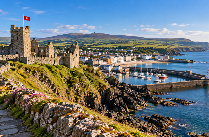 Stone castle overlooking a coastal harbor, rocky shoreline, green hills, and blue sea on the Isle of Man.