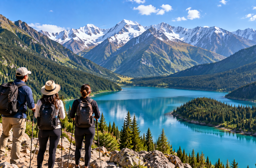 Travelers overlooking a turquoise alpine lake surrounded by forested valleys and snow-capped mountains in Kazakhstan.