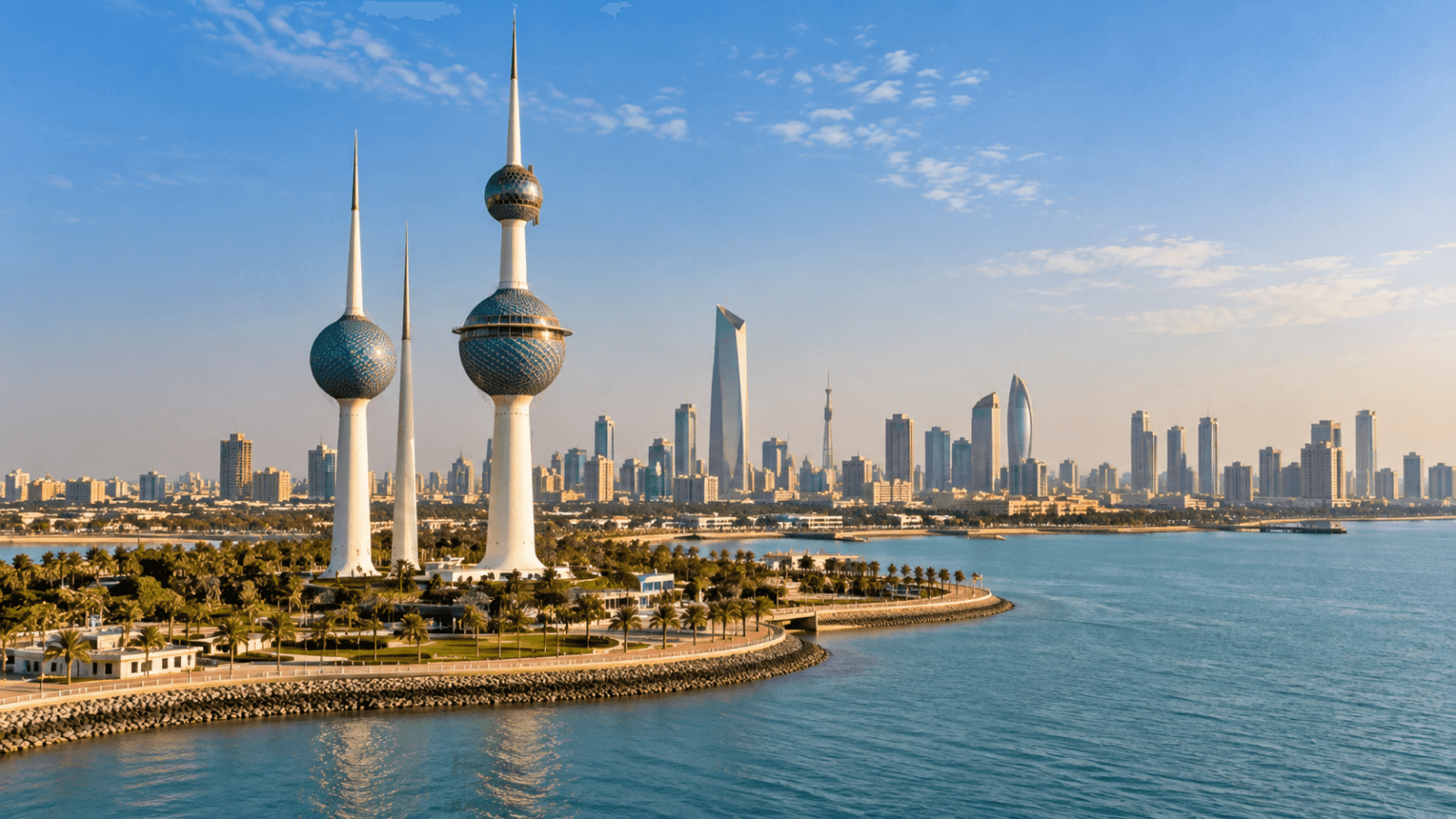 Kuwait Towers rise beside the waterfront with Kuwait City's modern skyline stretching along the coast in the background.