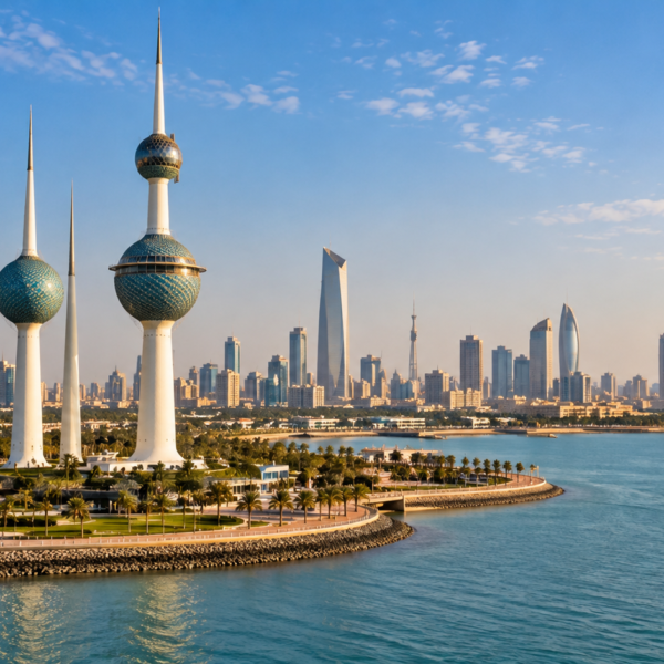 Kuwait Towers rise beside the waterfront with Kuwait City's modern skyline stretching along the coast in the background.