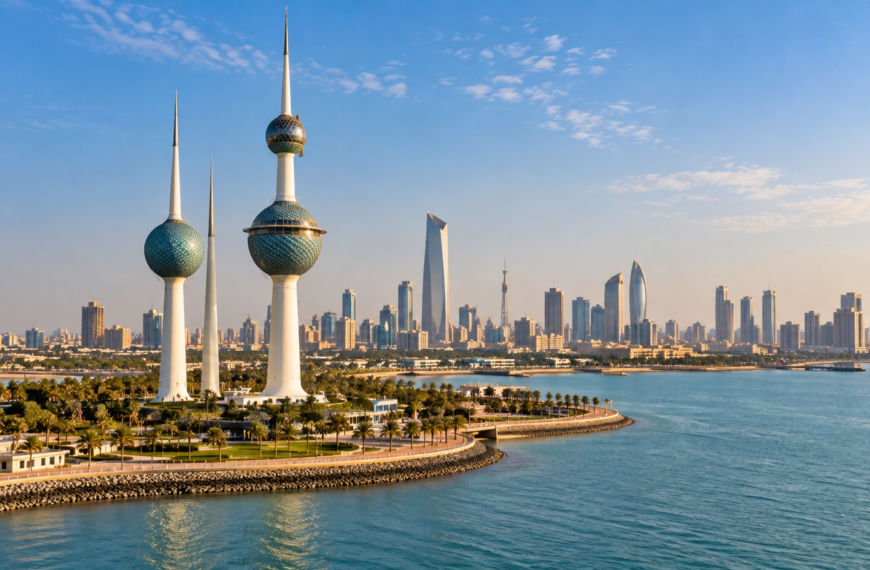 Kuwait Towers rise beside the waterfront with Kuwait City's modern skyline stretching along the coast in the background.
