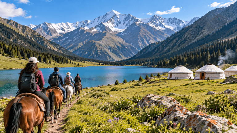 Travelers riding horses beside an alpine lake with traditional yurts and snow-capped mountains in Kyrgyzstan.