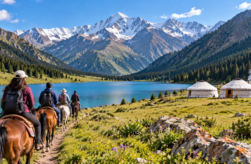Travelers riding horses beside an alpine lake with traditional yurts and snow-capped mountains in Kyrgyzstan.
