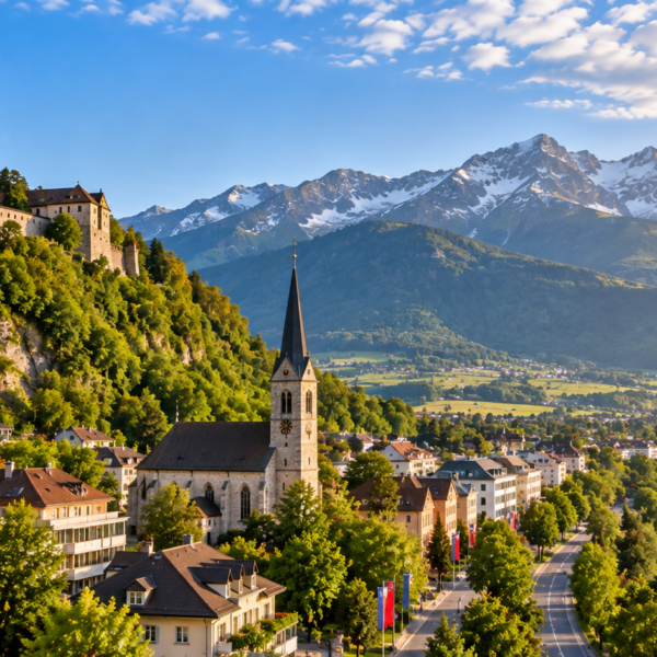 Alpine town in Liechtenstein with a hillside castle, church, green valley and dramatic snow-covered mountains.