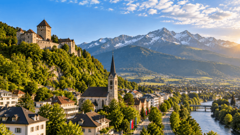 Alpine town in Liechtenstein with a hillside castle, church, green valley and dramatic snow-covered mountains.
