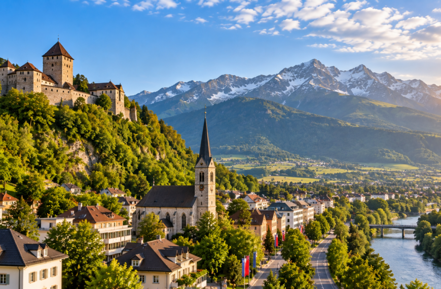 Alpine town in Liechtenstein with a hillside castle, church, green valley and dramatic snow-covered mountains.