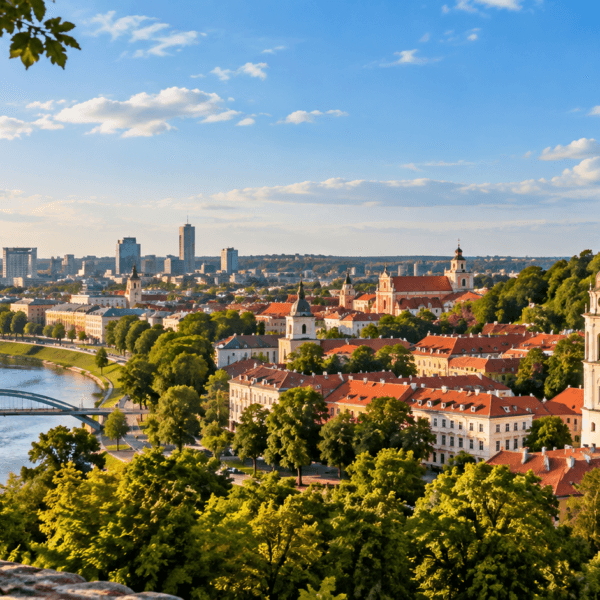 Panoramic view across Vilnius with red-roofed Old Town buildings, the Neris River, church towers, and Gediminas Hill.
