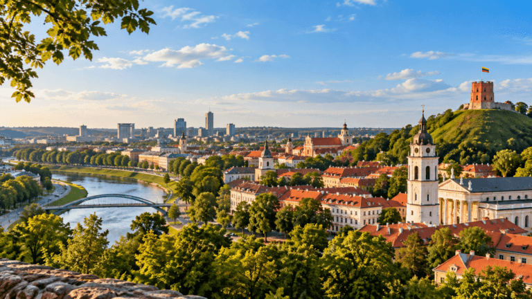 Panoramic view across Vilnius with red-roofed Old Town buildings, the Neris River, church towers, and Gediminas Hill.