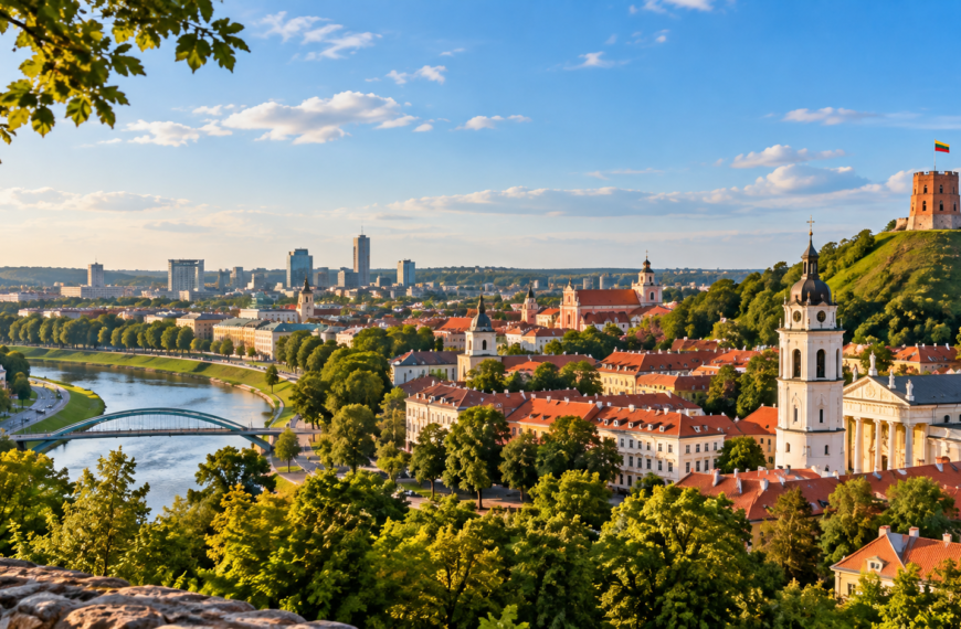 Panoramic view across Vilnius with red-roofed Old Town buildings, the Neris River, church towers, and Gediminas Hill.