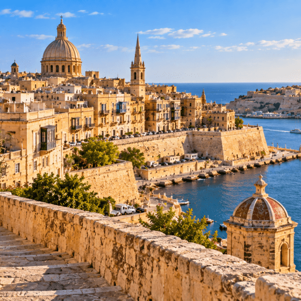 Golden limestone architecture and historic fortifications of Valletta overlooking the blue Mediterranean waters of Malta.