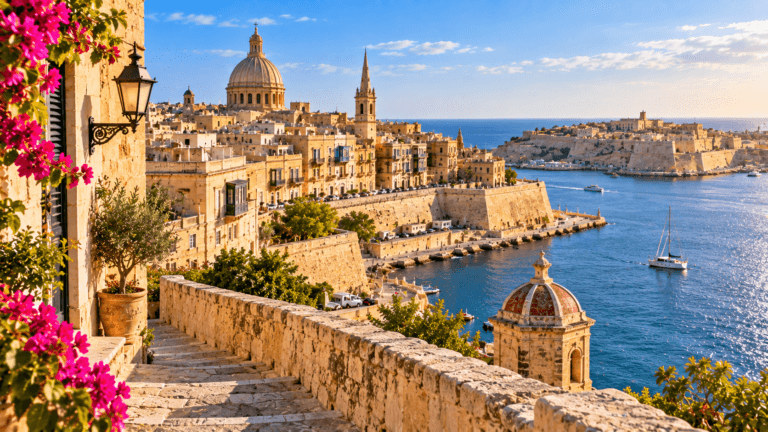 Golden limestone architecture and historic fortifications of Valletta overlooking the blue Mediterranean waters of Malta.