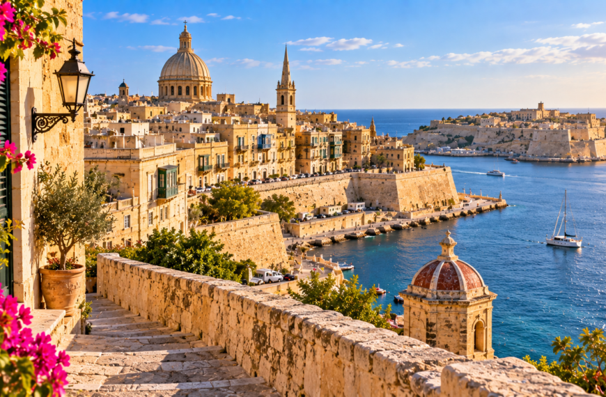 Golden limestone architecture and historic fortifications of Valletta overlooking the blue Mediterranean waters of Malta.