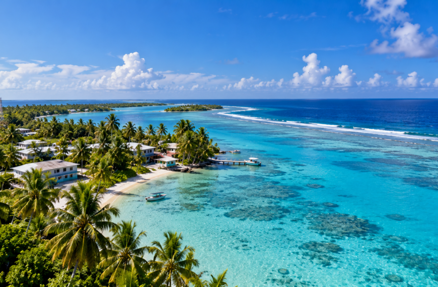 Aerial view of a Marshall Islands atoll with palm-lined shores, turquoise lagoon water, coral reefs, boats, and open Pacific Ocean.