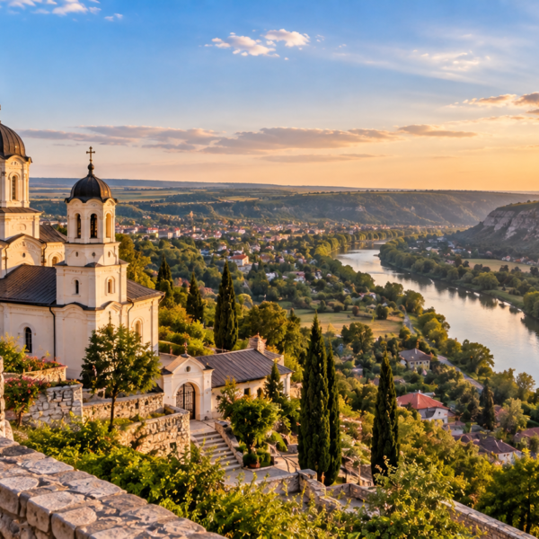 Moldova Travel Guide, Sunset Monastery Over the River Valley