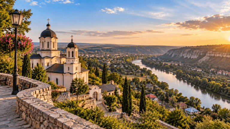 Moldova Travel Guide, Sunset Monastery Over the River Valley