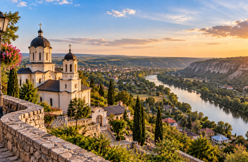 Moldova Travel Guide, Sunset Monastery Over the River Valley