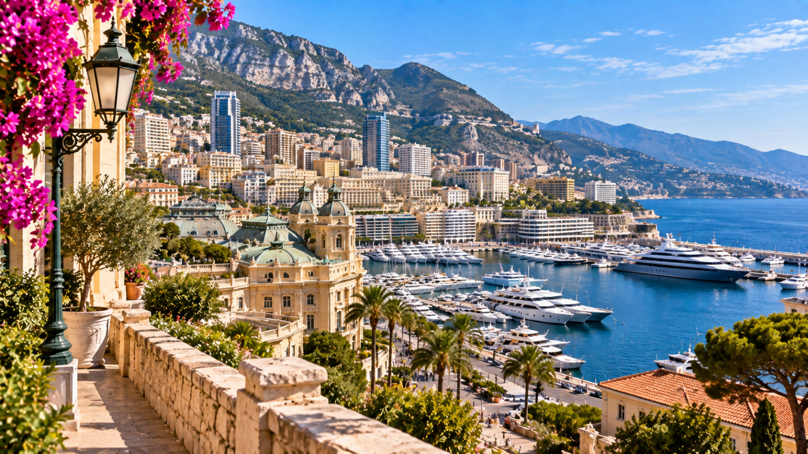 Monte Carlo harbor filled with yachts beneath Monaco's hillside cityscape and rugged Mediterranean mountains.