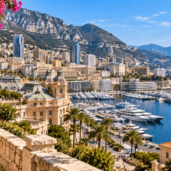 Monte Carlo harbor filled with yachts beneath Monaco's hillside cityscape and rugged Mediterranean mountains.