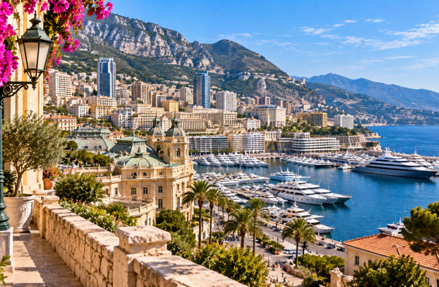 Monte Carlo harbor filled with yachts beneath Monaco's hillside cityscape and rugged Mediterranean mountains.