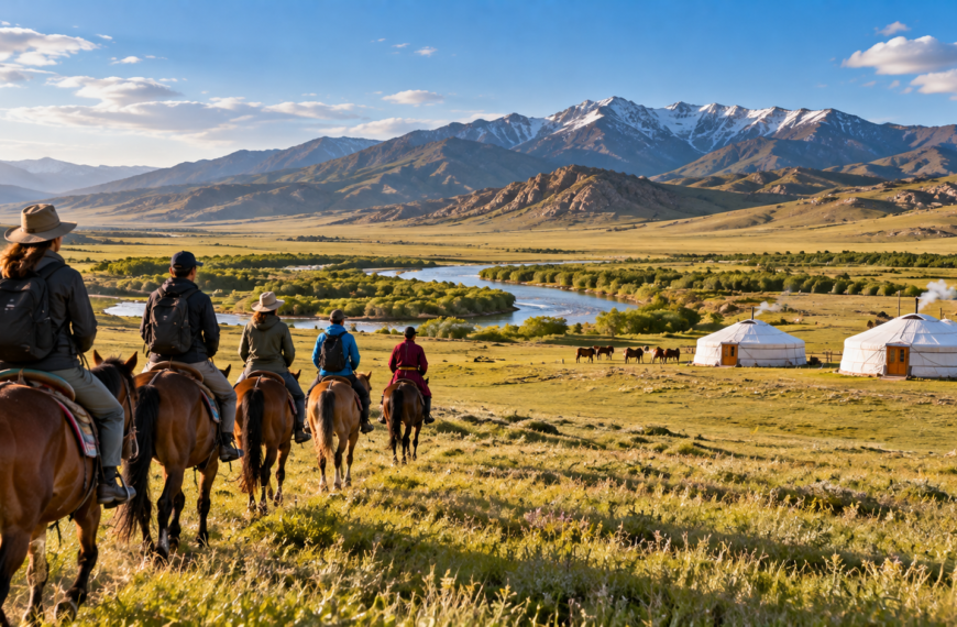 Travelers riding horses across Mongolia’s open steppe toward traditional ger camps with a river and mountains beyond.