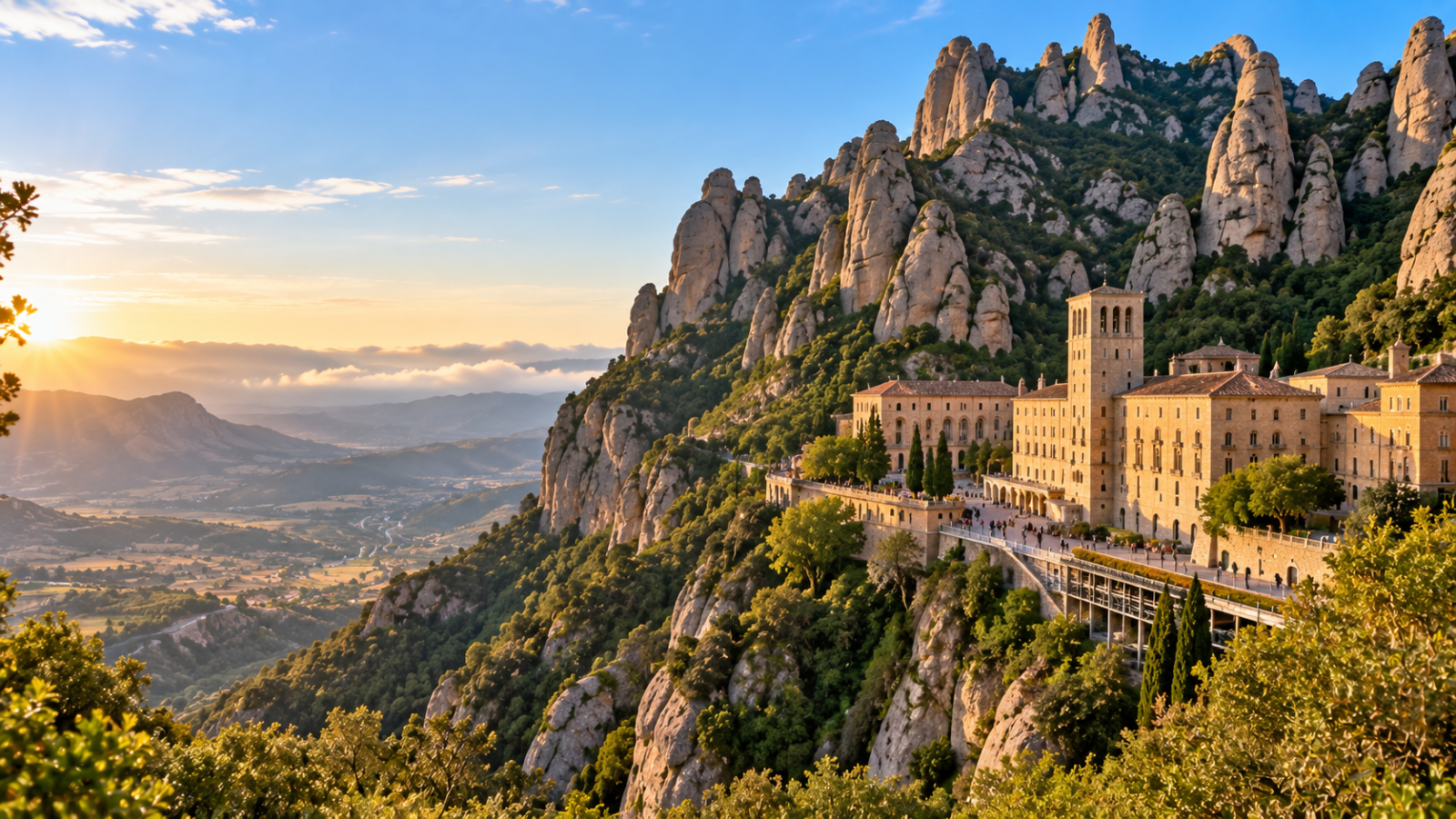 Montserrat Monastery sits beneath dramatic rocky mountain peaks overlooking the Catalan countryside in warm morning light.