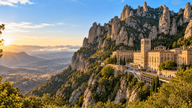 Montserrat Monastery sits beneath dramatic rocky mountain peaks overlooking the Catalan countryside in warm morning light.