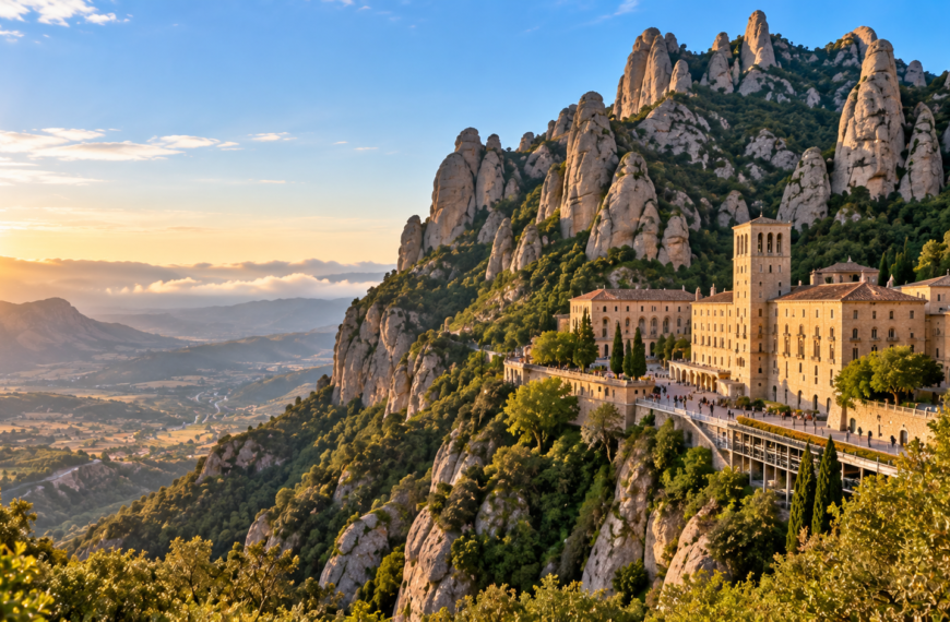 Montserrat Monastery sits beneath dramatic rocky mountain peaks overlooking the Catalan countryside in warm morning light.