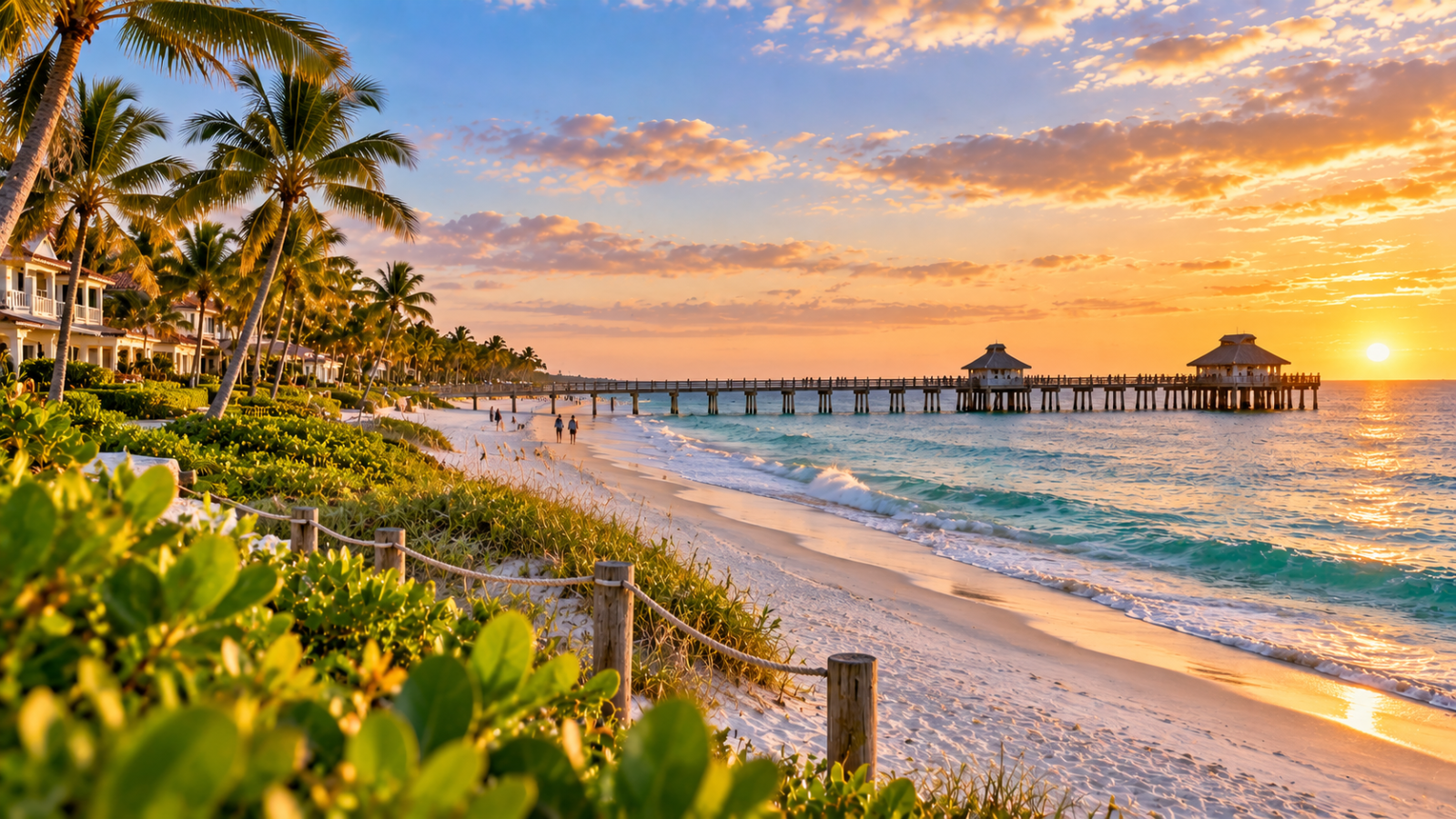 White-sand beach in Naples, Florida, with palm trees, turquoise Gulf water and a long pier beneath a colorful sunset sky.
