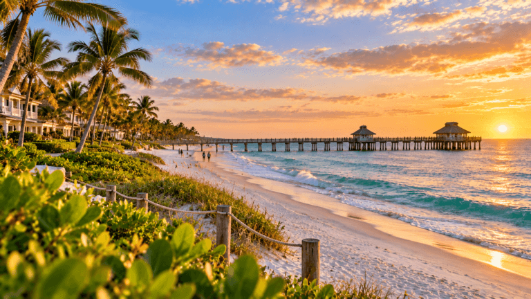 White-sand beach in Naples, Florida, with palm trees, turquoise Gulf water and a long pier beneath a colorful sunset sky.