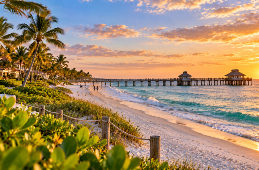 White-sand beach in Naples, Florida, with palm trees, turquoise Gulf water and a long pier beneath a colorful sunset sky.