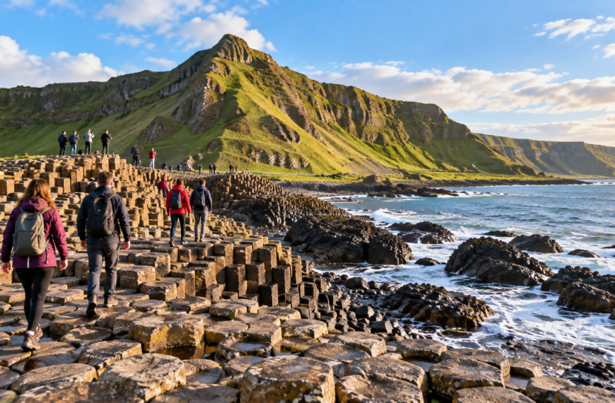 Travelers exploring the Giant’s Causeway basalt columns beside the rugged green coastline of Northern Ireland.