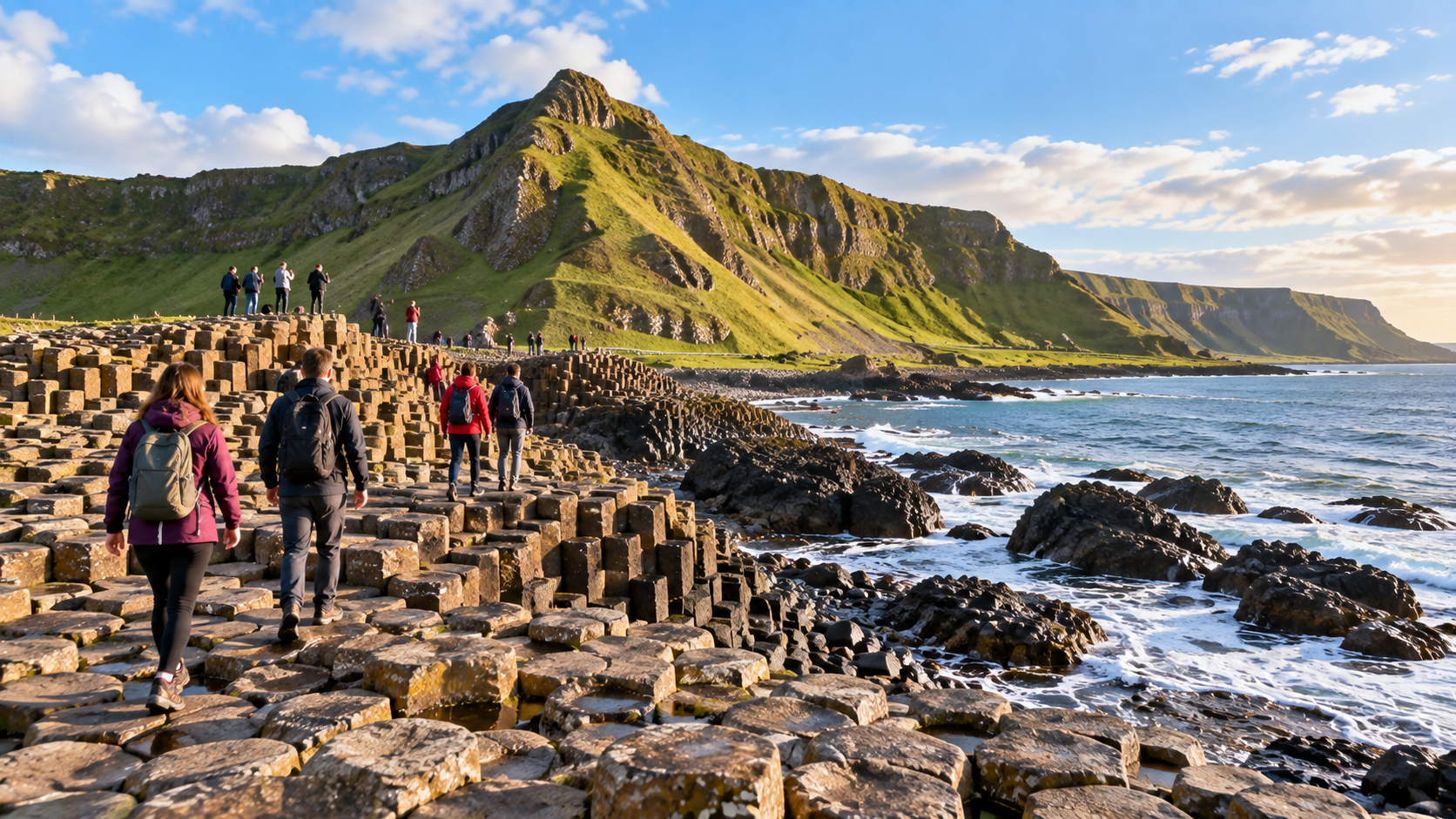 Travelers exploring the Giant’s Causeway basalt columns beside the rugged green coastline of Northern Ireland.