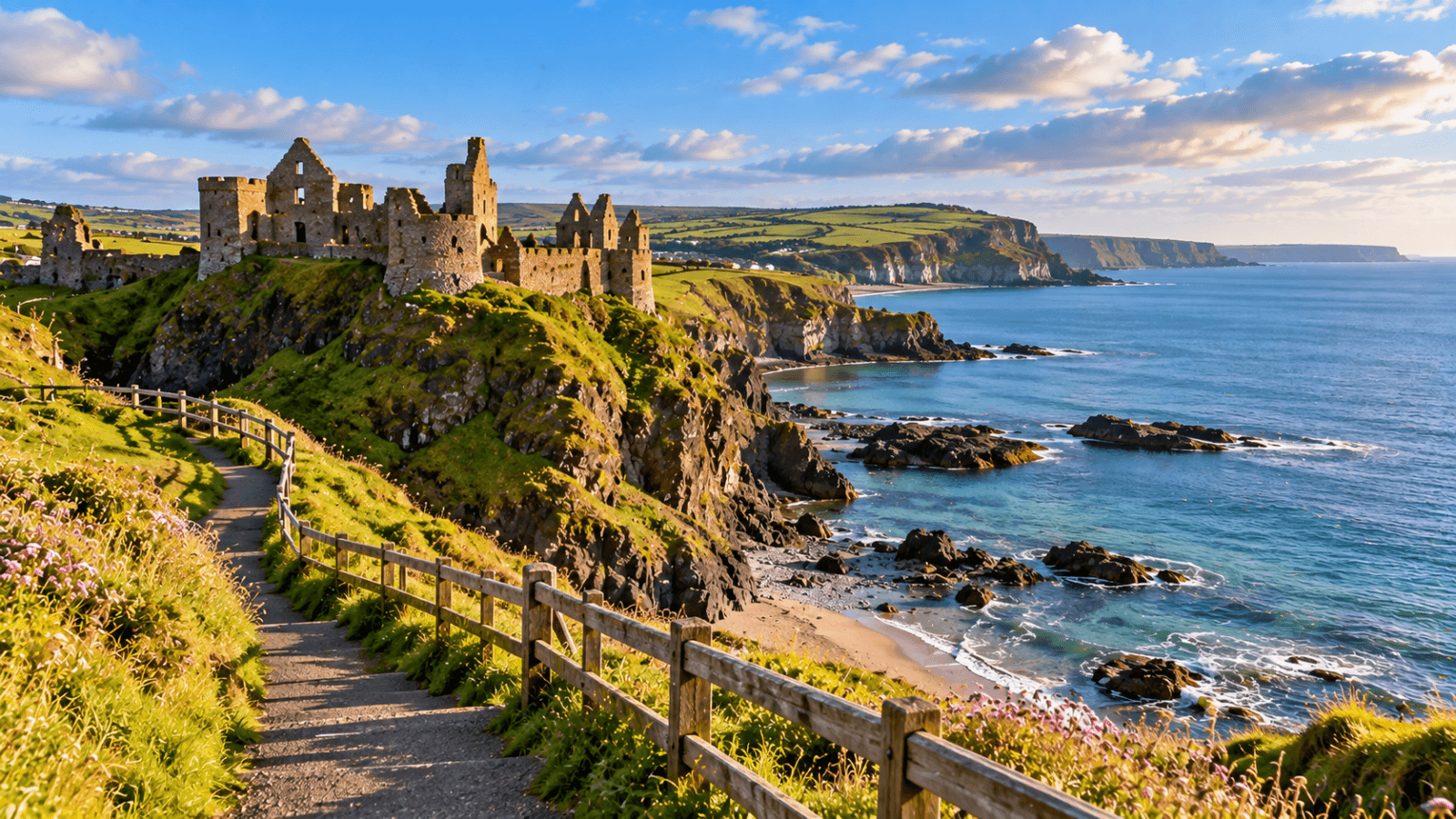 Historic castle ruins overlooking rugged green cliffs, a coastal walking path and blue sea in Northern Ireland.