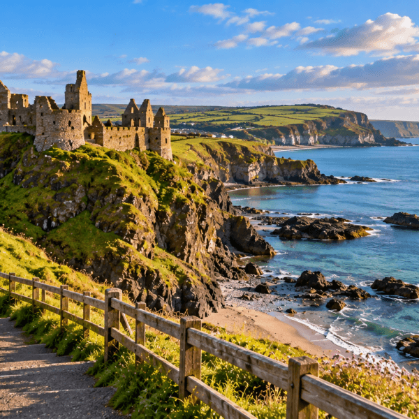 Historic castle ruins overlooking rugged green cliffs, a coastal walking path and blue sea in Northern Ireland.