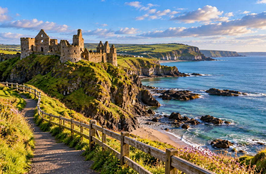 Historic castle ruins overlooking rugged green cliffs, a coastal walking path and blue sea in Northern Ireland.