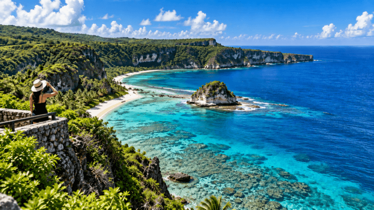 Tropical coastline in the Northern Mariana Islands with turquoise reef waters, limestone cliffs, white sand, and lush vegetation.