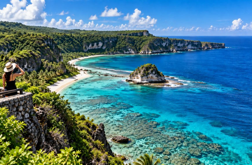 Tropical coastline in the Northern Mariana Islands with turquoise reef waters, limestone cliffs, white sand, and lush vegetation.