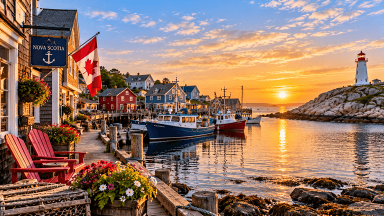Nova Scotia coastal fishing village at sunset with colorful boats, waterfront homes, rocky shoreline, and a traditional lighthouse.
