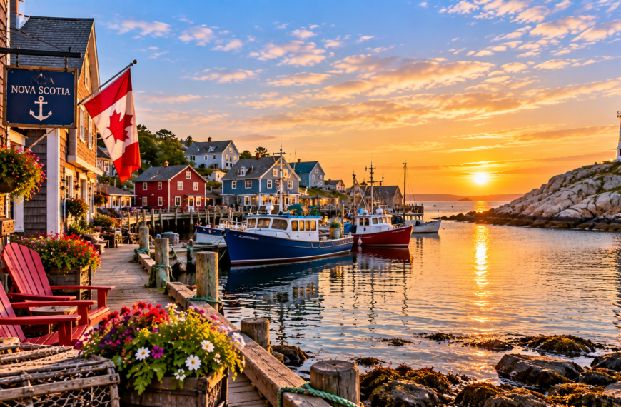 Nova Scotia coastal fishing village at sunset with colorful boats, waterfront homes, rocky shoreline, and a traditional lighthouse.