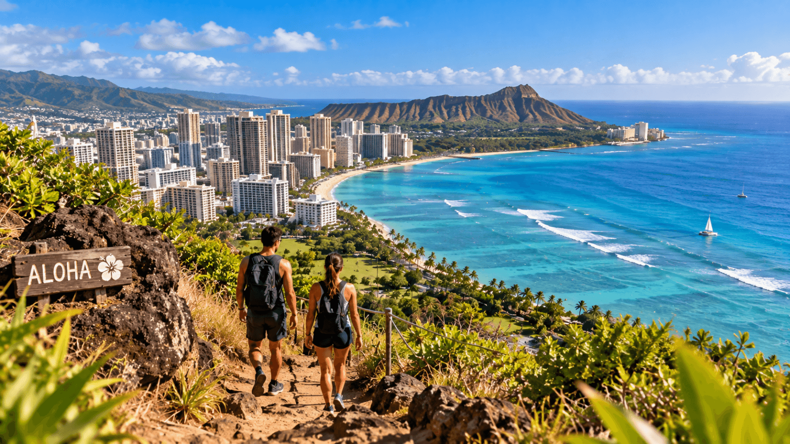 Hikers overlooking Waikiki Beach and Honolulu with turquoise Pacific waters and Diamond Head rising along the Oʻahu coast.