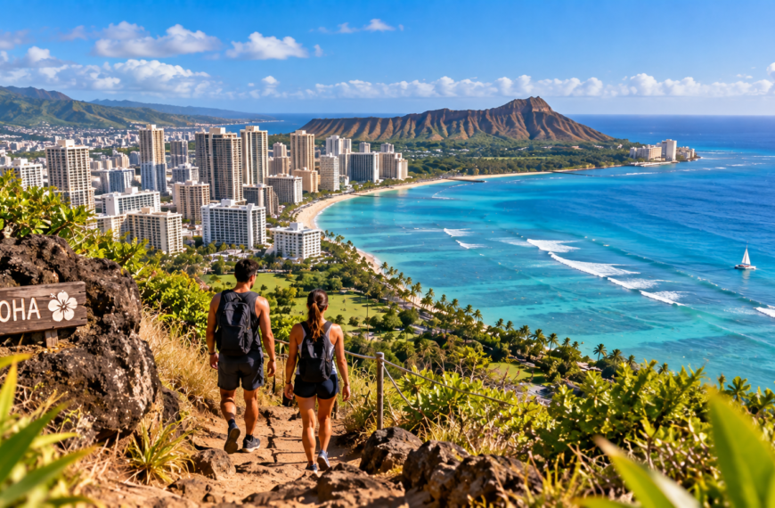 Hikers overlooking Waikiki Beach and Honolulu with turquoise Pacific waters and Diamond Head rising along the Oʻahu coast.