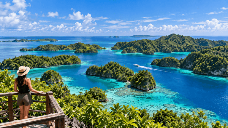 Tropical seascape in Palau with forested limestone islands, turquoise reef waters, a small boat, and deep blue Pacific waters.