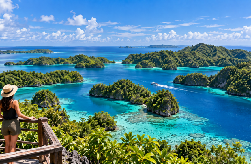 Tropical seascape in Palau with forested limestone islands, turquoise reef waters, a small boat, and deep blue Pacific waters.