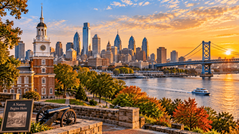 Philadelphia skyline and riverfront at sunset with historic architecture, a suspension bridge, autumn trees, and a passenger boat.