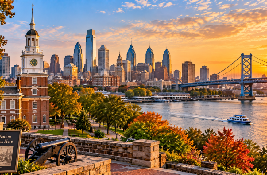 Philadelphia skyline and riverfront at sunset with historic architecture, a suspension bridge, autumn trees, and a passenger boat.