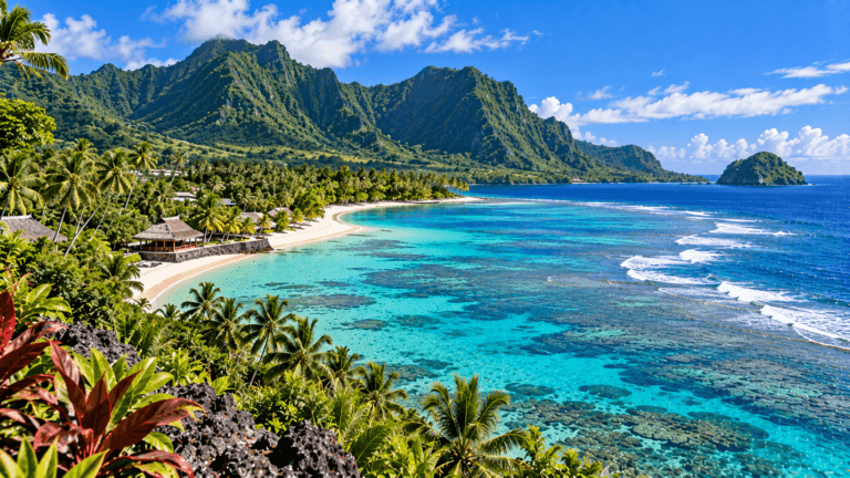 Samoan tropical coastline with turquoise reef waters, palm-lined beaches, lush volcanic mountains, and traditional island buildings.